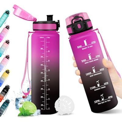 KollyKolla Borraccia 1L, Riutilizzabile, Bottiglia con Filtro, Borraccia con Indicatore del Tempo Motivazionale senza BPA, A Prova di Perdite, ideale per Adulti, Bambini, Scuola, Ufficio