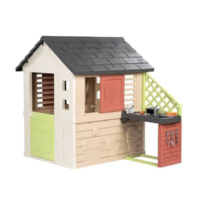 Smoby Life Casa Nature con Cocina de Juguete - Casita Infantil Interior y Exterior - Material Reciclado UV Resistente - A Partir 2 años - Cocina y Accesorios Incluidos - (7600810739)
