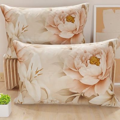 PETTI Artigiani Italiani - Lot de 2 Taies d'Oreillers 50x70 cm 100% Microfibre Hypoallergénique, Housse Oreiller Rectangulaire Motif Floral Beige Rose, Paquet de 2, Fabriqué en Italie