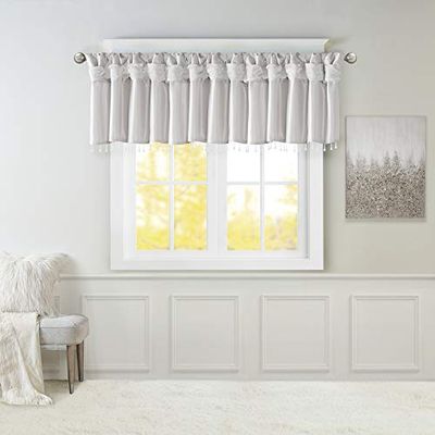 Madison Park Emilia Cantonnière en Soie synthétique avec languettes torsadées avec Perles, Rideau de fenêtre pour Salon, Chambre à Coucher et dortoir, 66 x 127 cm (L x l), argenté