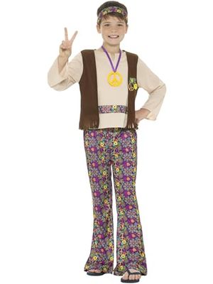 SMIFFYS Costume ragazzo Hippie, multicolore, con top, gilet attaccato, pantaloni, medaglione e fascia per capelli