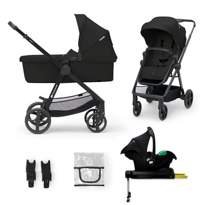 Kinderkraft NEWLY 4 en 1 Poussette, Avec Siège Auto MINK PRO I-Size 2 en 1, base ISOFIX, 360°, Poussette Canne, Trio, SYSTÈME DE VOYAGE, Landau, Accessoires, Adaptateurs, Nacelle, Jusqu’à 22 kg, Noir