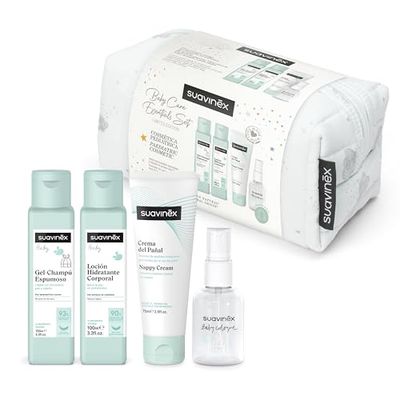 Suavinex, Kosmetyczka dla niemowląt, zestaw upominkowy dla noworodka z kosmetykami: żel szampon 100 ml + balsam nawilżający 100 ml + krem do pieluchy 75 ml + Baby Cologne 50 ml, format podróży,