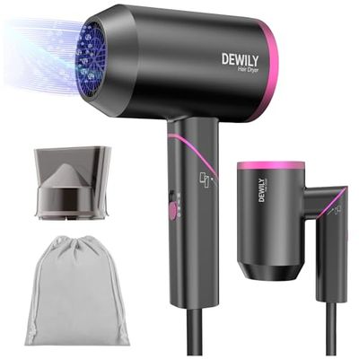 DEWILY Secador Pelo Viaje Profesional Potente, Secador de Pelo Ionico 1800W, 3 Temperaturas, Secadores de Pelo Plegable Pequeñ con Concentrador y Bolsa, Hair Dryer