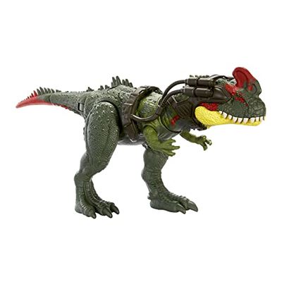 Mattel Jurassic World Dominion Gigantische Tracker Sinotyrannus Grote dinosaurusfiguur, met aanvalsbeweging en trackingapparatuur, speelgoed, cadeau met fysiek en digitaal spel HLP25