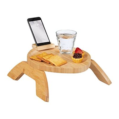 Relaxdays Snack Tray for Sofa Armrest, Foldable, Tablet with Legs, with Phone Holder, HWD: 12x30x30cm, Bamboo, Natural