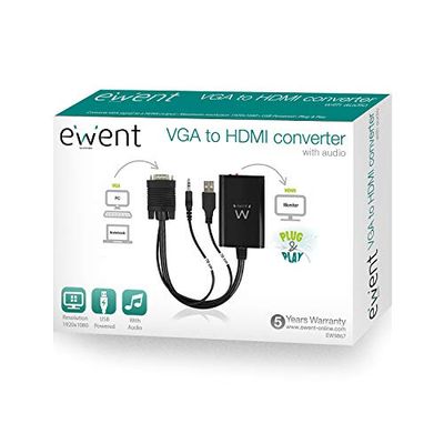 Ewent EW9867 Conversor VGA para HDMI com áudio, 1 conector HDMI A, 1 conector VGA e cavilha de áudio de 3,5 mm, 0,25 m