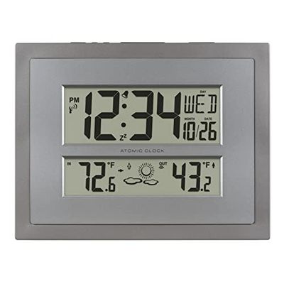 La Crosse Technology 512-85937-INT Reloj de pared digital atómico con temperatura y pronóstico en gris/plateado