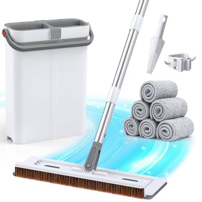 Euqvunn Mocio Lavapavimenti e Secchio per la Pulizia dei Pavimenti con 6 Tamponi in Microfibra, Secchio per Mop Lavabile e Strizzabile, Raschietto, Porta Scopa Lavapavimenti - 40 x 12 x 135 cm