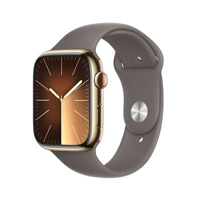 Apple Watch Series 9 (45 mm GPS + Cellular) Smartwatch avec boîtier en acier inoxydable or et Bracelet Sport argile (S/M). Suivi de l’activité physique, apps Oxygène sanguin et ECG, résistance à l’eau