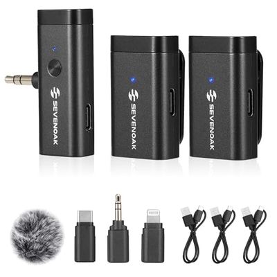 SevenOak Microfono Lavalier senza fili con Lightning/USB-C/3,5 mm TRS adattatore plug play microfono compatto per iPhone/Android/fotocamera YouTube Vlog Live Streaming Interview SKM-W1 Pro