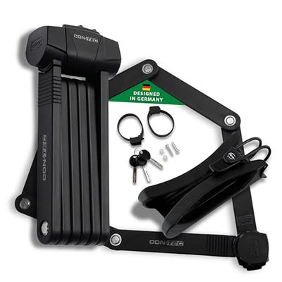 CONTEC Candado plegable SherLock para bicicleta, acero resistente, 85 cm, con soporte, sistema de llave reversible y bloqueo de llave, color negro