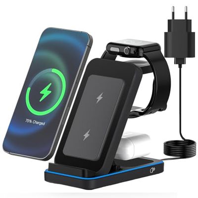 JOEAIS 3 En 1 Cargador Inalambrico, Plegable Y Estacion De Carga, con Adaptador, Carga RáPida De 15W MáX. Cargador Inalambrico Rapido, para iPhone/Samsung/Iwatch/Airpods/Pro (Negro)