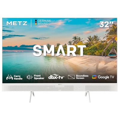 METZ 32MTE7000Z Smart TV 32” HD, Televisione Google Portatile, Design Slim Bianco con Maniglia, Speaker Frontale, Google Assistant, Dolby Audio, dbx-TV, Bluetooth 5.0, Tuner DVB-T/T2/C/S/S2/Analogico