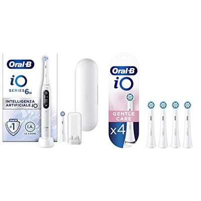 Oral-B iO 6N Brosse À Dents Électrique Blanche connectée Bluetooth, 2 Brossettes, 1 Étui De Voyage & iO Gentle Care, Embout, Pack de 4 Brossettes de Rechange pour Brosse à Dents Électrique, Blanc