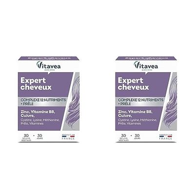 Vitavea Expert Cheveux 12 nutriments - Complément Alimentaire Cheveux - Biotine (vitamine B8), Zinc, Cuivre, Vitamines - 30 gélules - Cure de 1 mois - Vegan - Fabriqué en France (Lot de 2)