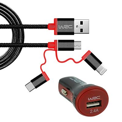 WRC Kit caricatore universale 3 in 1: presa accendisigari e cavo multi-punta
