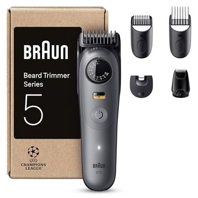 Braun Beard Trimmer Series 5, +5 Styling Tools, Ultra Sharp Blade, 120 Min Runtime, 40 Lengths, Waterproof, PrecisionWheel & Lock, BT5525, Grey