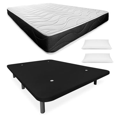 Somnia Descanso - Letto completo con materasso viscoelastico Bombay + base imbottita rinforzata con 6 gambe filettate + cuscini, 150 x 190, nero