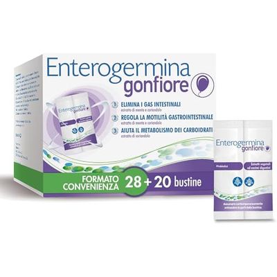Enterogermina Gonfiore, Integratore Alimentare con Probiotici, Enzimi Digestivi e Fermenti Lattici per Adulti Contro Gonfiore Addominale, 28+20 Bustine Gusto Pesca