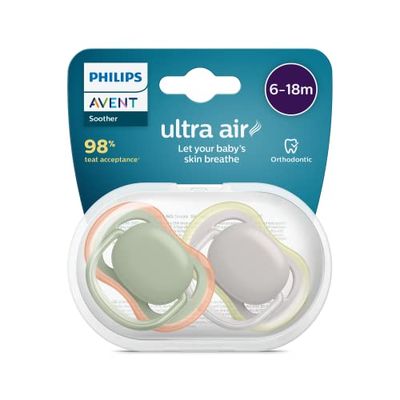 Philips Avent SCF085/20 Philips Avent ultra air, Chupete sin BPA para bebés, Caqui/Naranja y Gris/Amarillo, 6-18 Meses (Paquete de 2)