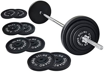 Signature Fitness Piastre standard in ghisa con bilanciere standard da 1,5 m con chiusure a stella, set da 43,1 kg (piastre da 38,6 kg + bilanciere da 4,5 kg), confezioni multiple, stile 1