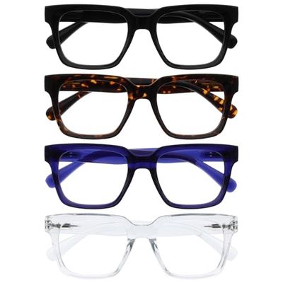 OPULIZERA Blue Light Blocking Reading Glasses - Anti-Reflective Anti-Glare - 4 Pack Readers - UV400 Lenses - Oversized Frame - Computer Screen Glasses - Black Brown Blue Clear - Men Women - +3.00