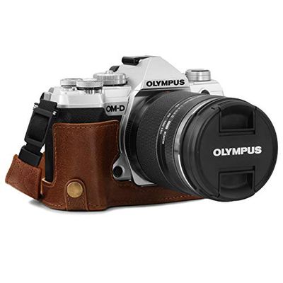 MegaGear MG1865 Ever Ready Genuine Leather Camera Half Case Compatible with Olympus OM-D E-M5 Mark III - Brown