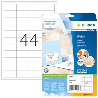 HERMA Self Adhesive Multi-Purpose Labels, 44 Labels Per A4 Sheet, 1100 Labels For Laser And Inkjet Printers, Small, 48.3 x 25.4 mm (5051), White