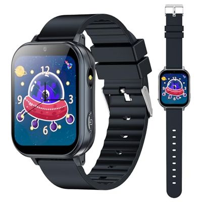 PTHTECHUS Smart Watch voor kinderen, kinderhorloge met fotoapparaat, MP3-speler, leren en spelen, kindercadeau voor jongens en meisjes van 3 tot 12 jaar, zwart