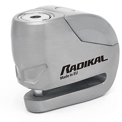 RADIKAL RK9Z Cadeado para motocicleta disco alarme 120 db botão ON, Warning visador, 100 % metal impermeável, pilha de lítio, anti-roubo pinça de travão metálico universal para motos Scooter bicicleta