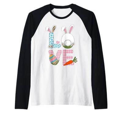 Easter Spring LOVE Bunny Ears, Fluffy Tail Easter Egg Carrot Maglia con Maniche Raglan
