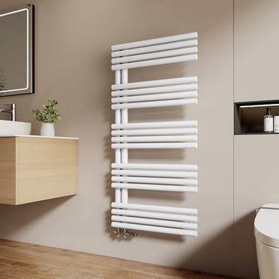 EMKE Scaldasalviette a tubi tondi, 126 x 60 cm, con attacco laterale, per il bagno, 776 W, colore: bianco