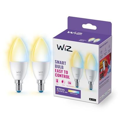 WiZ Tunable White - Smart LED belysning (WiFi och Bluetooth), 40W, C37, E14, 2700-6500 Kelvin, Dimbar i kallvitt till varmvitt, 2-pack