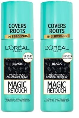 L'Oréal Magic Retouch Instant Root Concealer Spray, Ideal for Touching Up Grey Root Regrowth, 75 ml, Colour: Black (Pack of 2)