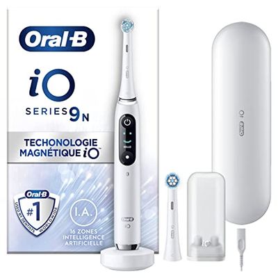 Oral-B iO 9N Brosse À Dents Électrique Blanche connectée Bluetooth, 2 Brossettes, 1 Étui De Voyage Chargeur
