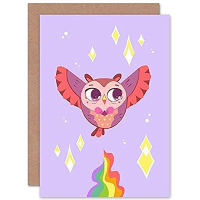 Wee Blue Coo Kawaii Owl Flying Greeting Card With Envelope Inside Premium Quality