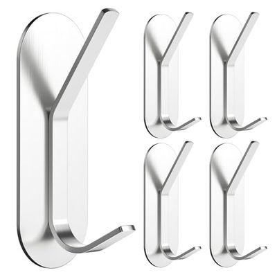 Alyvisun 5 Stuks Handdoekhaken Zelfklevende, Badkamer Kledinghaken van Roestvrij Staal, Handdoekhouder voor Muur, Sterk Wandhaken Zonder Boren voor Huis, Keuken, Badkamer, Kantoor (Zilver)