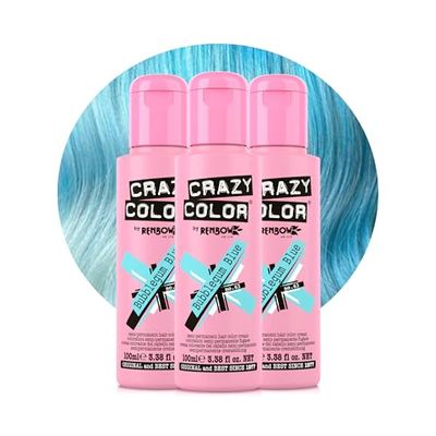 Crazy Color Pastel Bubblegum Blue Semi-Permanent Trio Hair Dye. Highly Pigmented Pale Blue Conditioning & Oil Nourishing Vegan Formula | No Bleach or Ammonia | 300ml