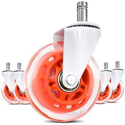 LPHY möbelhjul för kontorsstol (set med 5) – säker för alla golv inklusive lövträ – 3 tum ersättningshjul i gummi – perfekt ersättning för skrivbordsgolvmatta, rullbladsstil, orange