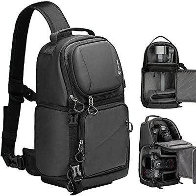 TARION Camera Sling Bag, Waterproof Camera Travel Bag Photography Backpack Camera Shoulder Bag with Rain Cover for DSLR SLR Cameras Lens(TR-S, Black)