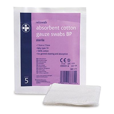 Reliance Medical Reliswab Cotton Gauze Swab - Sterile, 8 Ply, BP Cotton Material - High Absorbency Quality to Prevent Dryness & Clean Wound Surface - W.7.5 x L.7.5 cm - (4 x 5) Pack of 20