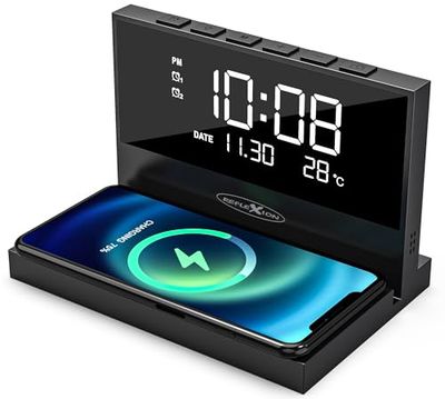 Reflexion ACW2188 trådlös laddare, smartphone-laddningsstation, väckarklocka med trådlös laddare, stor display för tid, datum och temperatur, 2 larmtider, nattljus, USB-laddningsfunktion