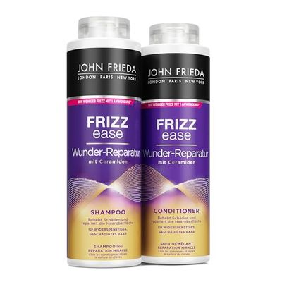 John Frieda Wunder Riparazione Shampoo/Balsamo – Contenuto: 1 shampoo da 500 ml e 1 balsamo da 500 ml – Ricaricabile – Serie Frizz Ease – Per capelli indisciplinati e danneggiati