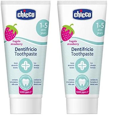 Chicco Pasta de Dientes de Fresa Sensible de Baja Abrasión con Flúor, Xilitol, Sin Conservantes, Ayuda a Prevenir Caries y Eliminar Placa - para Niños+1 Año, 50 ml (Paquete de 2)