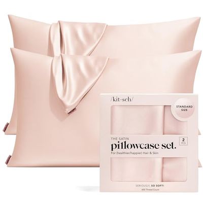 Kitsch 100% Satin Pillowcase with Zipper, Softer Than Silk Pillowcase for Hair & Skin, Cooling Pillow case, Satin Pillow Case Cover (Standard/Queen (2 Pack), Blush)
