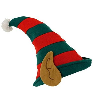 Christmas Elf Hat with Ears Xmas Santa Helper Hat Red and Green Xmas Fancy Dress Pom Party Costume Accessories One Size Adult Polyester