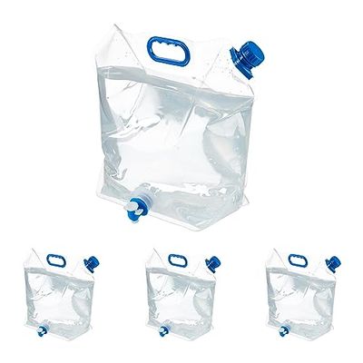 Relaxdays Vattenbehållare set om 4, 10 l, vikbar, vattenbehållare med kran och handtag, campingbehållare, transparent/blå, plast