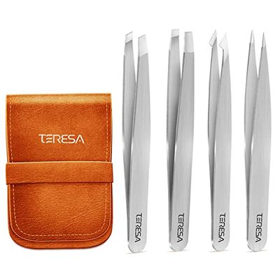 TerresaCOS Lot de 4 pinces à sourcils professionnelles pour femme - Avec étui en cuir - Épilation précise du visage, poils incarnés - Épilation précise - Argenté TSOS-B01