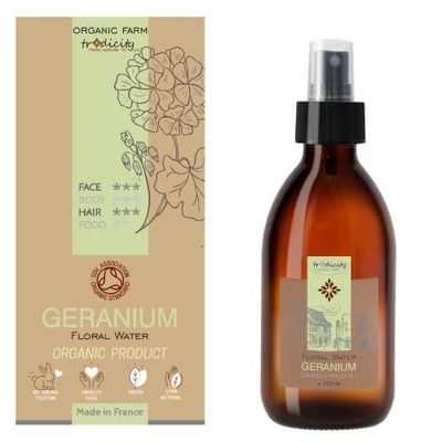 bleu & marine Bretania - Hydrolat de Géranium Bourbon Bio 100% Naturel | Purifie et Apaise la Peau | Parfum Fruité pour Boissons et Linge | Utilisation en Cuisine, Transparente, 250 ml (Lot de 1)